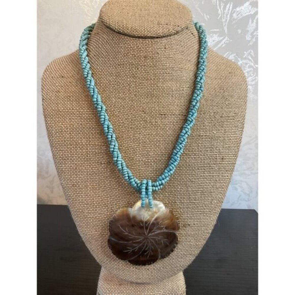 Handcrafted Turquoise Bead Necklace With Carved Shell Pendant - 18 Inch
